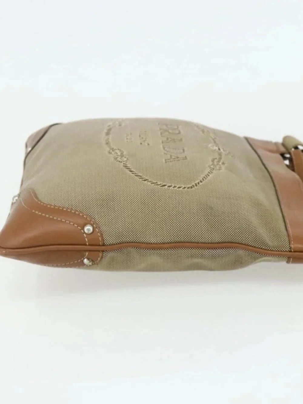 PRADA Shoulder Bag Canvas Beige Silver Auth ka3997